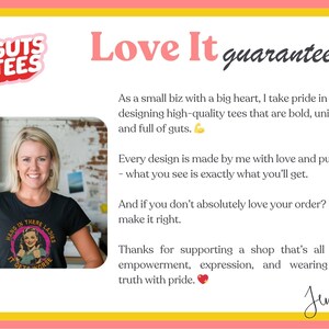 May include: A woman wearing a black t-shirt with the text "HANG IN THERE LADIES IT GETS WORSE" and a retro graphic. The image includes the "GUTS TEES" logo and text about the brand's guarantee and values.