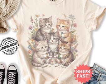 Funny Stoner Kittens T-Shirt, Whimsical Meadow Cottagecore Tee