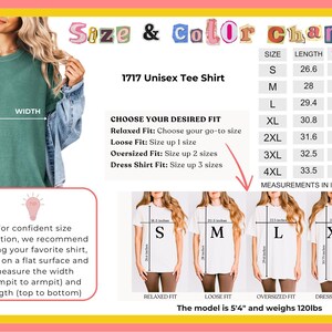 Puede incluir: Tabla de tallas y colores para una camiseta unisex 1717. La tabla muestra las medidas en pulgadas para las tallas S a 4XL. La imagen tambi&eacute;n incluye una camiseta verde azulado y una modelo con una camiseta blanca.