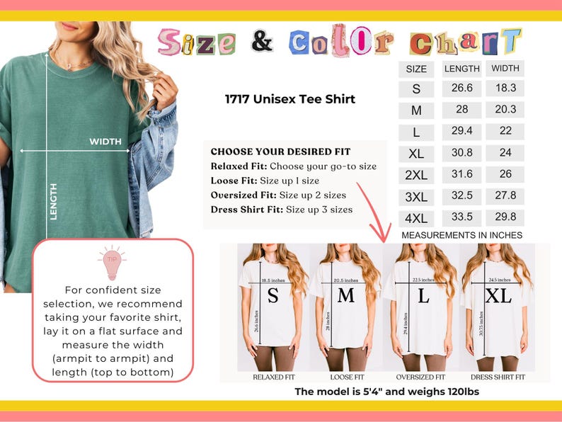 Puede incluir: Tabla de tallas y colores para una camiseta unisex 1717. La tabla muestra las medidas en pulgadas para las tallas S a 4XL. La imagen tambi&eacute;n incluye una camiseta verde azulado y una modelo con una camiseta blanca.