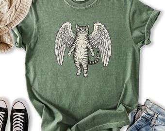 Camiseta de gato ángel, regalo para amantes de los gatos, camiseta extragrande con colores cómodos, camiseta adorable para mamá gata, camiseta de gato ángel, camiseta divertida para amantes de los gatos