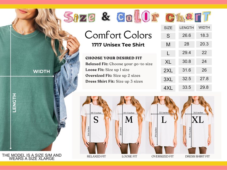 May include: Size chart for a unisex tee shirt in various sizes, from small to 4XL. The chart shows the length and width of each size in inches. The chart also includes a description of the different fits, including relaxed, loose, oversized, and dress shirt fit.