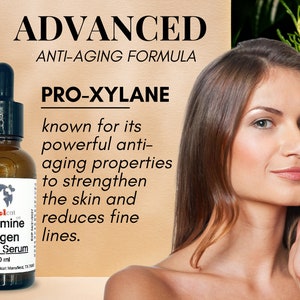 Puede incluir: Una botella de vidrio marr&oacute;n con un gotero que contiene un suero llamado "Bosomine Collagen Repair Serum" con la marca "Icoolcat" y el texto "ADVANCED ANTI-AGING FORMULA PRO-XYLANE conocido por sus poderosas propiedades antienvejecimiento para fortalecer la piel y reducir las l&iacute;neas finas."