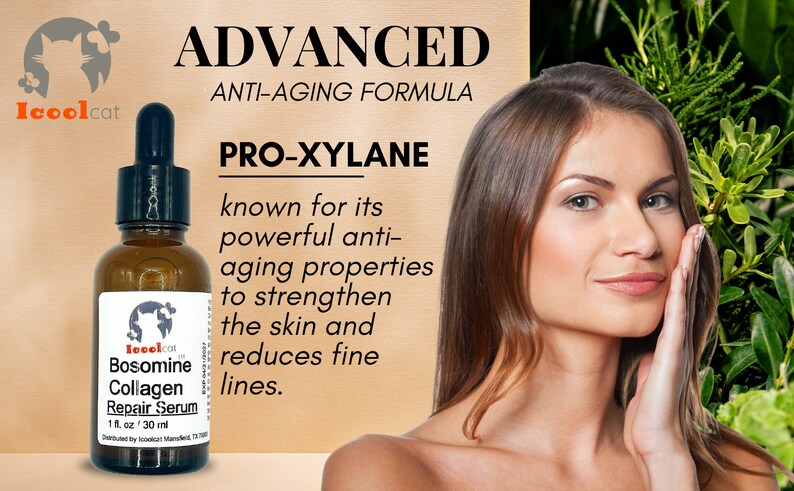 Puede incluir: Una botella de vidrio marr&oacute;n con un gotero que contiene un suero llamado "Bosomine Collagen Repair Serum" con la marca "Icoolcat" y el texto "ADVANCED ANTI-AGING FORMULA PRO-XYLANE conocido por sus poderosas propiedades antienvejecimiento para fortalecer la piel y reducir las l&iacute;neas finas."