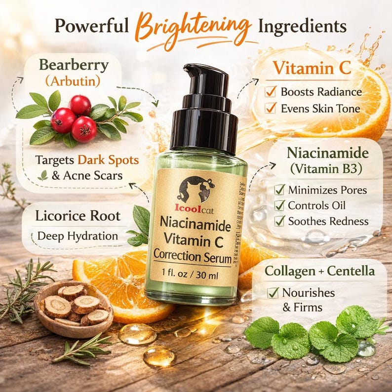 Pu&ograve; includere: Flacone di vetro verde di Icoolcat Niacinamide Vitamin C Correction Serum, 30 ml. L'immagine evidenzia ingredienti come Uva Ursina, Vitamina C e Niacinamide. Il siero &egrave; progettato per mirare alle macchie scure, aumentare la luminosit&agrave; e minimizzare i pori.