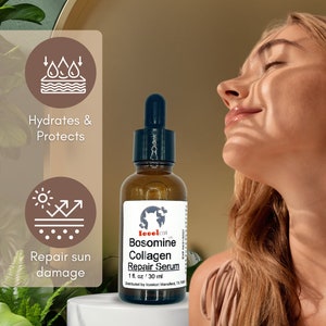 Puede incluir: Un frasco de vidrio marr&oacute;n con un gotero que contiene un suero llamado "Bosomine Collagen Repair Serum" de Ieeelcat. El frasco est&aacute; etiquetado con 1 fl. oz / 30 ml. El frasco est&aacute; rodeado de cuatro iconos que representan los beneficios del suero: uso diario, hidrataci&oacute;n, protecci&oacute;n y reparaci&oacute;n del da&ntilde;o solar.