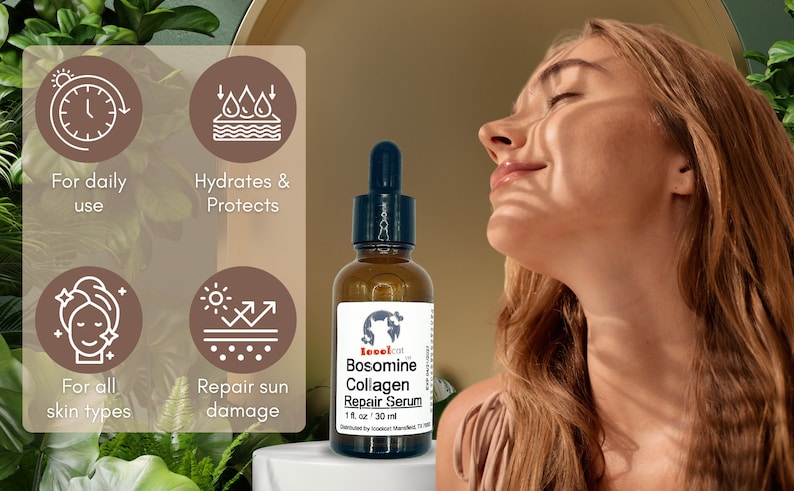 Puede incluir: Un frasco de vidrio marr&oacute;n con un gotero que contiene un suero llamado "Bosomine Collagen Repair Serum" de Ieeelcat. El frasco est&aacute; etiquetado con 1 fl. oz / 30 ml. El frasco est&aacute; rodeado de cuatro iconos que representan los beneficios del suero: uso diario, hidrataci&oacute;n, protecci&oacute;n y reparaci&oacute;n del da&ntilde;o solar.