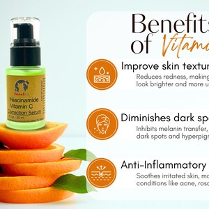 Pu&ograve; includere: Una bottiglia di vetro verde di siero correttivo alla Niacinamide Vitamina C, con una pompa nera, &egrave; appoggiata su fette di arancia. L'immagine include testo che evidenzia i benefici della vitamina C: miglioramento della texture della pelle, diminuzione delle macchie scure e propriet&agrave; antinfiammatorie.