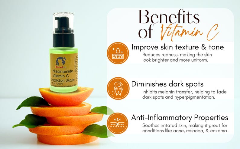 Pu&ograve; includere: Una bottiglia di vetro verde di siero correttivo alla Niacinamide Vitamina C, con una pompa nera, &egrave; appoggiata su fette di arancia. L'immagine include testo che evidenzia i benefici della vitamina C: miglioramento della texture della pelle, diminuzione delle macchie scure e propriet&agrave; antinfiammatorie.