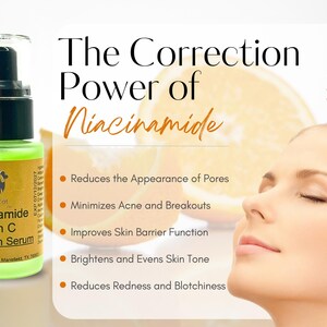 Pu&ograve; includere: Una bottiglia verde di siero correttivo Icoolcat Niacinamide Vitamina C, 30 ml, con un dosatore a pompa nero. L'immagine include testo sui benefici del siero e una donna con gli occhi chiusi.