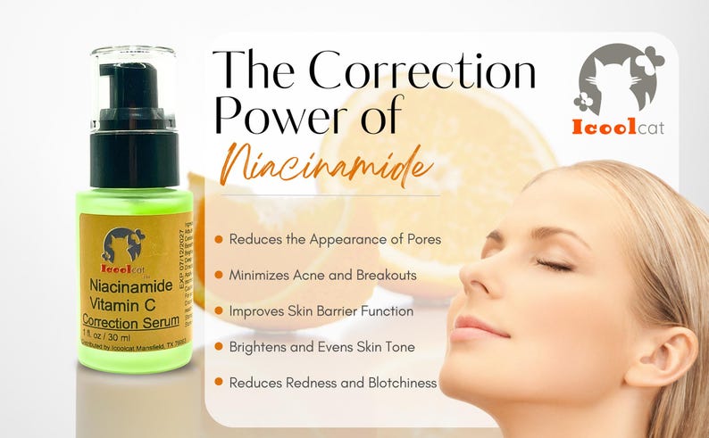 Pu&ograve; includere: Una bottiglia verde di siero correttivo Icoolcat Niacinamide Vitamina C, 30 ml, con un dosatore a pompa nero. L'immagine include testo sui benefici del siero e una donna con gli occhi chiusi.