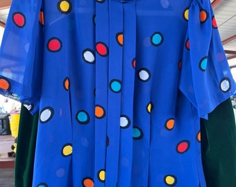 Vintage 1980s Blue Polka Dot Blouse - Size 6 - Retro Fashion Statement