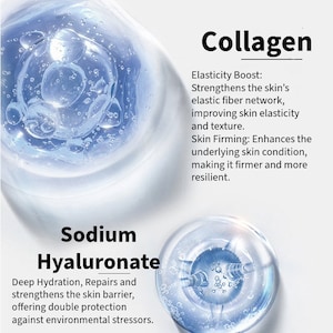 Puede incluir: Primer plano de dos muestras de gel transparente con burbujas. El texto "Sodium Hyaluronate" est&aacute; debajo de una muestra y describe sus beneficios. El texto "Collagen" est&aacute; encima de la otra muestra y describe sus beneficios.