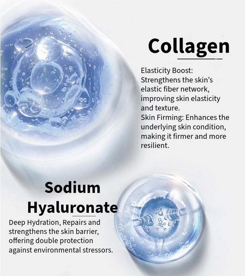 Puede incluir: Primer plano de dos muestras de gel transparente con burbujas. El texto "Sodium Hyaluronate" est&aacute; debajo de una muestra y describe sus beneficios. El texto "Collagen" est&aacute; encima de la otra muestra y describe sus beneficios.