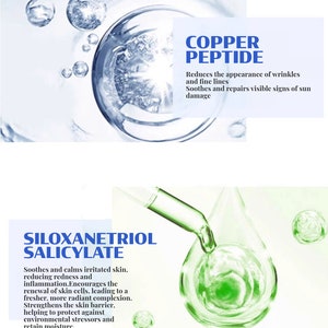 Puede incluir: Dos botellas de vidrio transparente con l&iacute;quido verde en su interior. Las botellas est&aacute;n etiquetadas con el texto "SILOXANETRIOL SALICYLATE" y "COPPER PEPTIDE". El texto describe los beneficios de cada ingrediente para el cuidado de la piel.