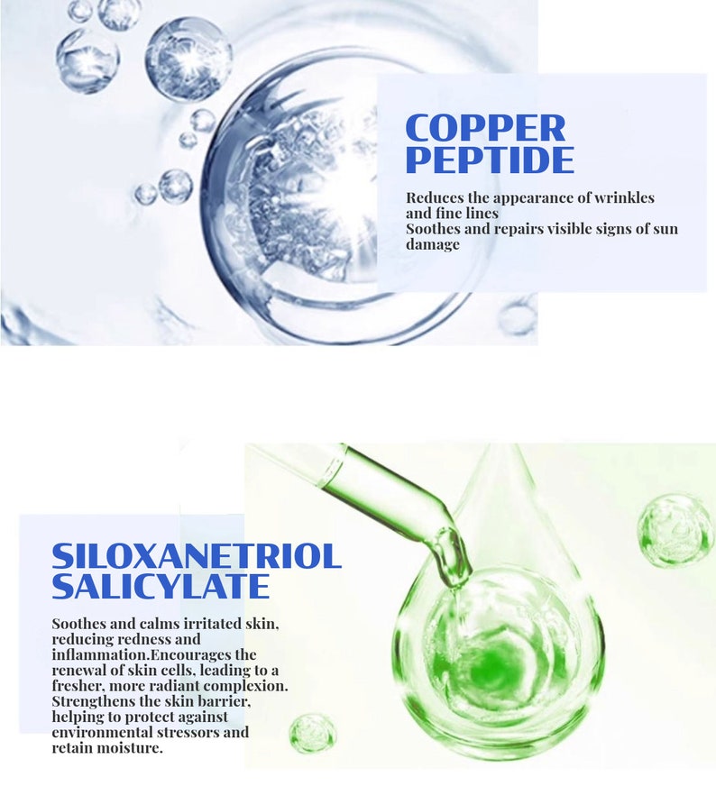 Puede incluir: Dos botellas de vidrio transparente con l&iacute;quido verde en su interior. Las botellas est&aacute;n etiquetadas con el texto "SILOXANETRIOL SALICYLATE" y "COPPER PEPTIDE". El texto describe los beneficios de cada ingrediente para el cuidado de la piel.