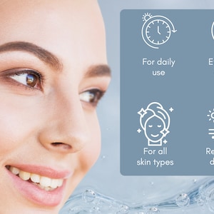 Puede incluir: Una mujer con una sonrisa brillante mira hacia la derecha. La imagen presenta cuatro iconos con texto que describen los beneficios de un producto. Los iconos describen el producto como de uso diario, de absorci&oacute;n f&aacute;cil, para todo tipo de piel y para reparar el da&ntilde;o solar.