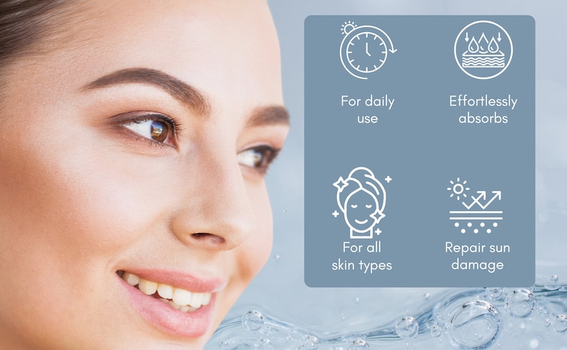 Puede incluir: Una mujer con una sonrisa brillante mira hacia la derecha. La imagen presenta cuatro iconos con texto que describen los beneficios de un producto. Los iconos describen el producto como de uso diario, de absorci&oacute;n f&aacute;cil, para todo tipo de piel y para reparar el da&ntilde;o solar.