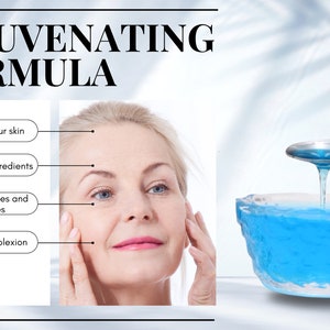 Puede incluir: Una mujer de piel clara se muestra con las manos en la cara. El texto de la imagen dice "REJUVENATING FORMULA" y enumera los beneficios del producto: "Revitalize your skin", "Nourishing ingredients", "Reduce wrinkles and fine lines", y "Vibrant complexion". Un l&iacute;quido azul se vierte de una cuchara en un bol.