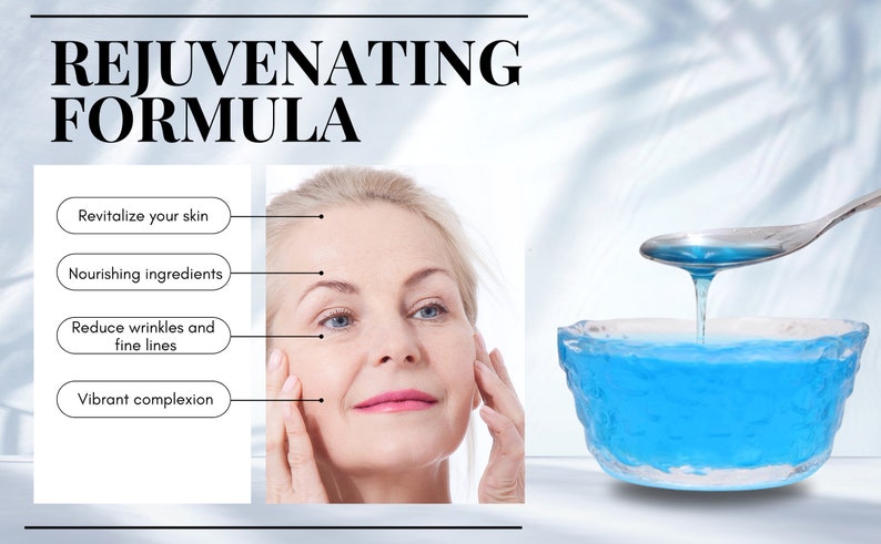 Puede incluir: Una mujer de piel clara se muestra con las manos en la cara. El texto de la imagen dice "REJUVENATING FORMULA" y enumera los beneficios del producto: "Revitalize your skin", "Nourishing ingredients", "Reduce wrinkles and fine lines", y "Vibrant complexion". Un l&iacute;quido azul se vierte de una cuchara en un bol.