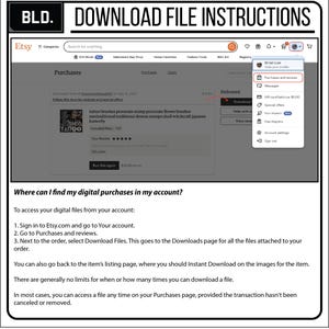 May include: A screenshot detailing Etsy's digital download process. The image shows a purchase confirmation with a 'Download' button. Instructions explain how to find digital purchases in the account, with text including "Download File Instructions" and the Etsy logo.