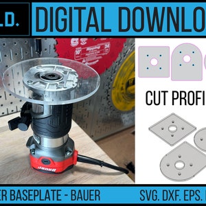 Op de afbeelding: Een transparante router-basisplaat van plastic voor een Bauer-router. De basisplaat is afgebeeld op een rood-zwarte router. De afbeelding toont ook snijprofielen voor de basisplaat in de formaten SVG, DXF, EPS, PDF en AI.