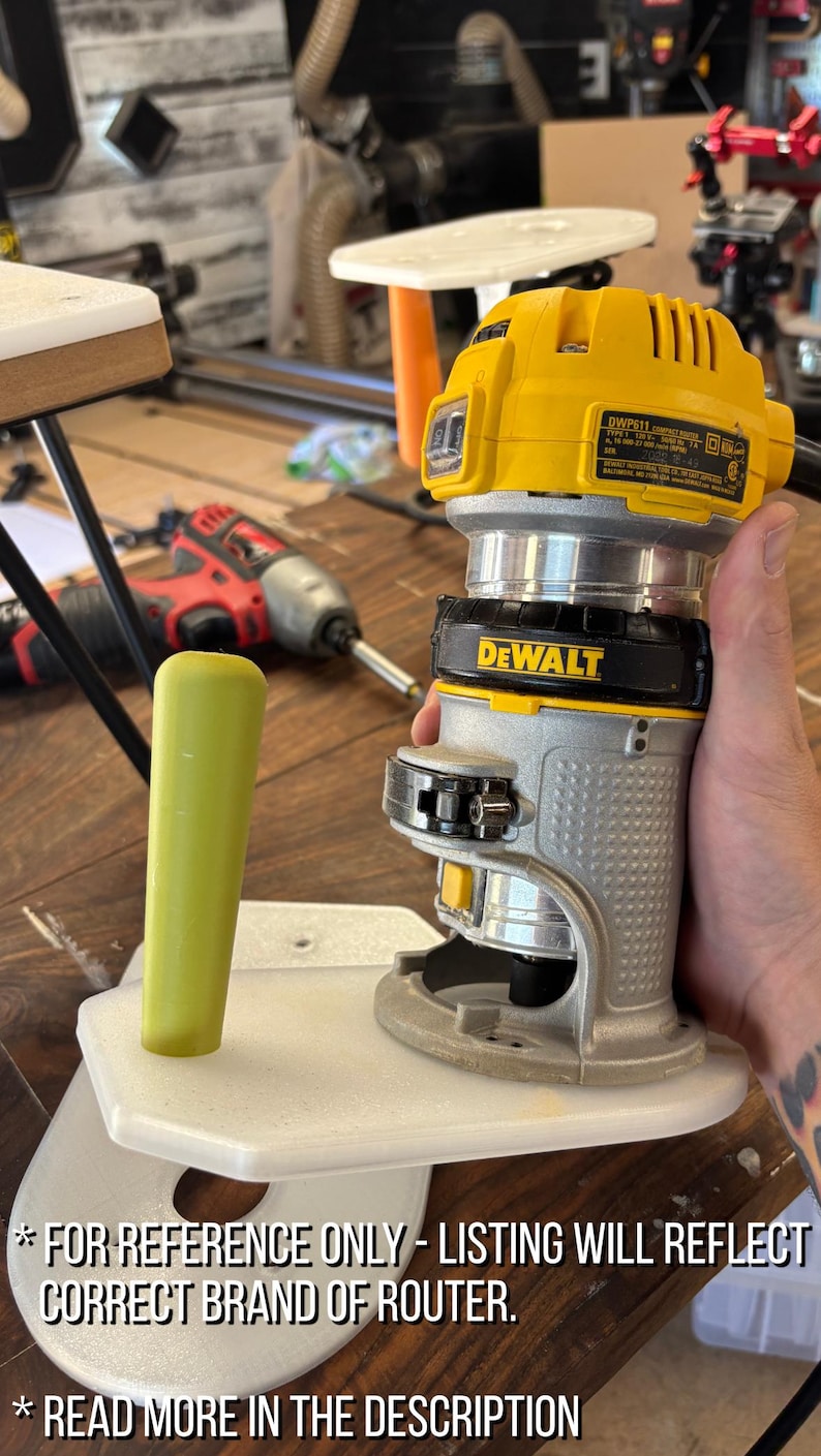 May include: A yellow and silver DeWalt DWP611 compact router with a green handle. The router is mounted on a white base. Text on the image reads "FOR REFERENCE ONLY - LISTING WILL REFLECT CORRECT BRAND OF ROUTER." and "READ MORE IN THE DESCRIPTION."
