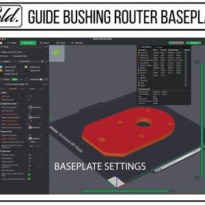 May include: A computer screen shows a 3D model of a red router baseplate with a central hole and several smaller holes. The text "BASEPLATE SETTINGS" is visible. The image is a screenshot of 3D modelling software.