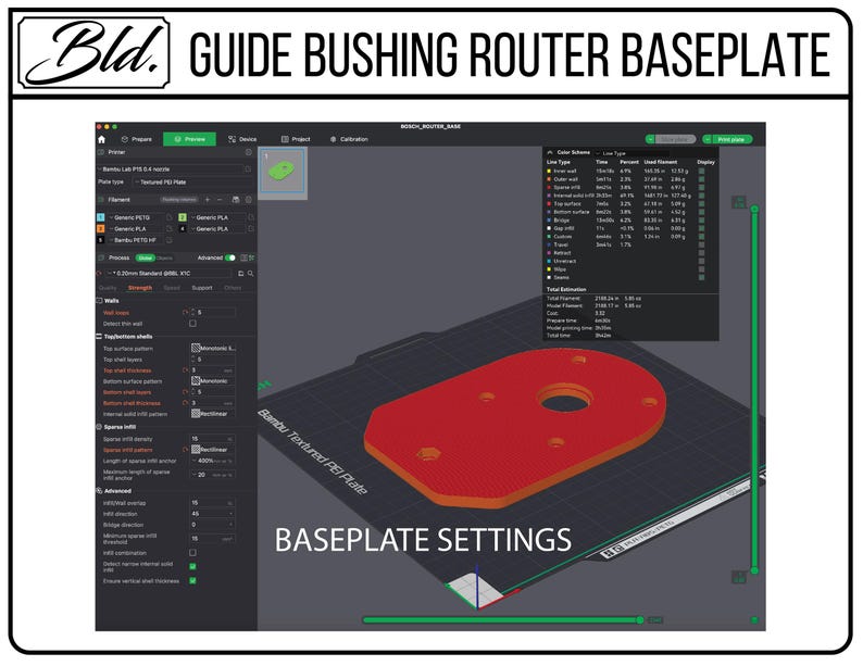 May include: A computer screen shows a 3D model of a red router baseplate with a central hole and several smaller holes. The text "BASEPLATE SETTINGS" is visible. The image is a screenshot of 3D modelling software.