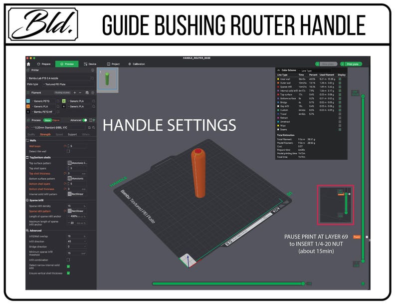May include: An orange guide bushing router handle is shown on a 3D printer bed within a software interface. The screen displays settings and instructions, including "HANDLE SETTINGS" and a note to pause printing at layer 69 to insert a nut.