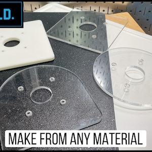 Puede incluir: Cuatro plantillas de enrutador diferentes hechas de acr&iacute;lico transparente y pl&aacute;stico blanco. Las plantillas tienen diferentes formas y tama&ntilde;os con agujeros y ranuras para diferentes fresas. El texto "MAKE FROM ANY MATERIAL" es visible en la parte inferior de la imagen.