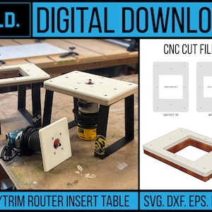 Puede incluir: Una descarga digital de archivos de corte CNC para una mesa de inserción de router de palma/recorte. Los archivos incluyen una parte superior de sustrato y una base de madera. La imagen muestra un ejemplo físico de la mesa con un router instalado.