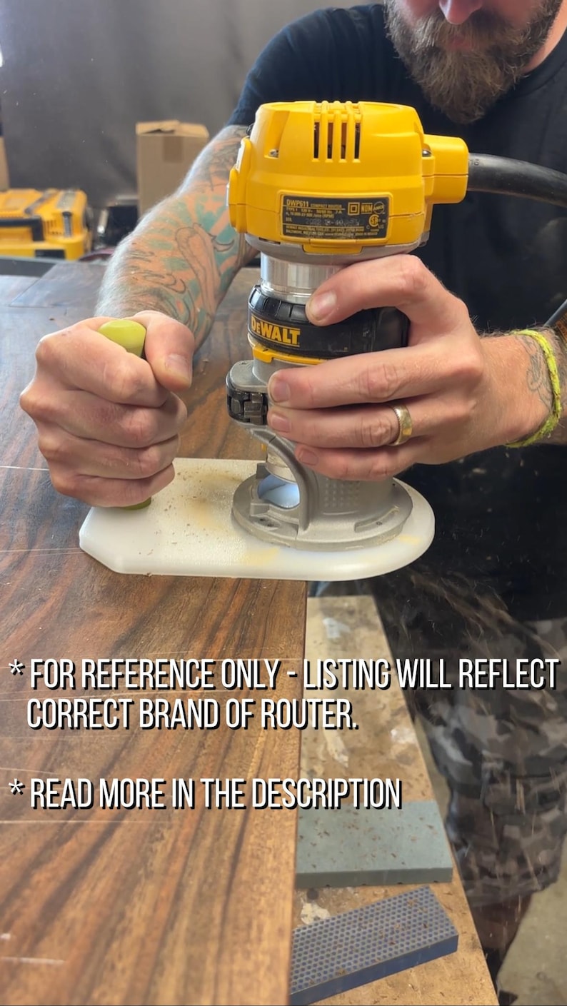 May include: A yellow and black DeWalt router being used on a piece of wood. The router has a white base and is held by a person. The text on the image says "FOR REFERENCE ONLY - LISTING WILL REFLECT CORRECT BRAND OF ROUTER" and "READ MORE IN THE DESCRIPTION."