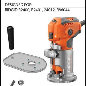 May include: Digital file set for RIDGID R2400, R2401, 24012, R86044 routers. The image shows an orange and grey router, a black handle, a silver base plate, a bolt, and a nut. Text on the image states, "THIS IS A DIGITAL FILE SET - NO PHYSICAL PRODUCT WILL BE SHIPPED."