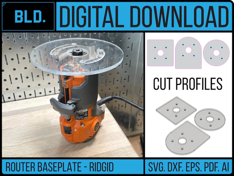 Puede incluir: Una placa base de router de pl&aacute;stico transparente para un router Ridgid. La placa base est&aacute; dise&ntilde;ada para ser utilizada con un router para crear diferentes perfiles de corte. La imagen muestra la placa base con un router conectado a ella. La imagen tambi&eacute;n muestra tres perfiles de corte diferentes que se pueden crear con la placa base. Los perfiles de corte son un cuadrado, un rect&aacute;ngulo redondeado y un c&iacute;rculo. La imagen incluye el texto "BLD. DIGITAL DOWNLOAD", "CUT PROFILES", "ROUTER BASEPLATE - RIDGID", y "SVG. DXF. EPS. PDF. AI".