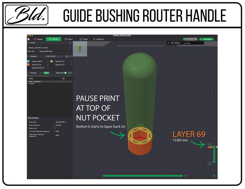 May include: A 3D model of a router handle in green and orange, with the text "GUIDE BUSHING ROUTER HANDLE". The image provides instructions to pause the print at the top of the nut pocket, at layer 69, which is 13.80 mm.