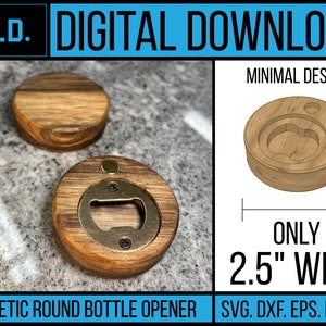 May include: A wooden bottle opener with a brass cap opener. The opener is 2.5 inches wide and has a minimalist design. The digital download includes SVG, DXF, EPS, PDF, and AI files.