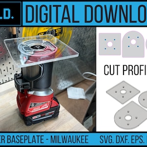 Puede incluir: Una placa base de fresadora de plástico transparente para una fresadora Milwaukee. La placa base se muestra en la parte superior de una fresadora roja y negra. La imagen también muestra tres perfiles de corte diferentes para la placa base: un cuadrado, un rectángulo redondeado y un círculo. El texto "PERFILES DE CORTE" está escrito debajo de los perfiles de corte. El texto "SVG. DXF. EPS. PDF. AI" está escrito debajo de los perfiles de corte. El texto "PLACA BASE DE FRESADORA - MILWAUKEE" está escrito debajo de la fresadora.