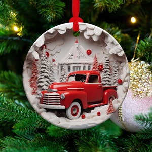3D Red Truck Ornament Sublimation PNG, Red & White, Instant Digital Download, Christmas Round Ornament PNG, 3D Christmas Country Ornament