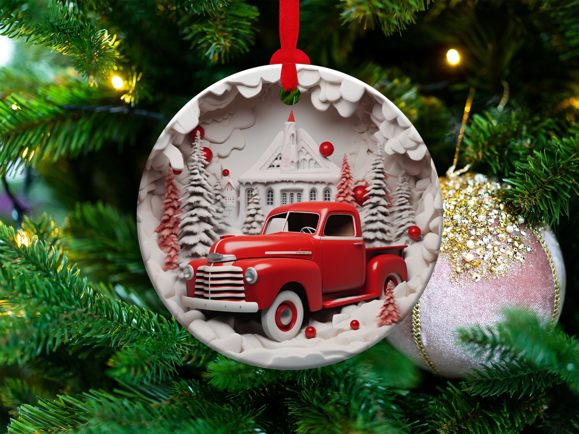 3D Red Truck Ornament Sublimation PNG, Red & White, Instant Digital Download, Christmas Round Ornament PNG, 3D Christmas Country Ornament