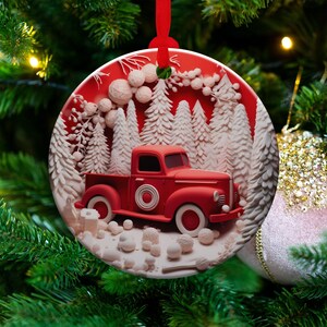 3D Red Truck Ornament Sublimation PNG, Red & White, Instant Digital Download, Christmas Round Ornament PNG, 3D Christmas Country Ornament