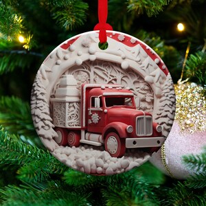 3D Red Truck Ornament Sublimation PNG, Red & White, Instant Digital Download, Christmas Round Ornament PNG, 3D Christmas Country Ornament