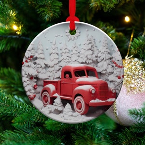 3D Red Truck Ornament Sublimation PNG, Red & White, Instant Digital Download, Christmas Round Ornament PNG, 3D Christmas Country Ornament