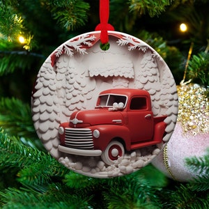 3D Red Truck Ornament Sublimation PNG, Red & White, Instant Digital Download, Christmas Round Ornament PNG, 3D Christmas Country Ornament