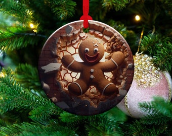 3D Round Christmas Ornament, Break Through Ornament Sublimation Design PNG, High Resolution, Instant Digital Download, Gingerbread Man
