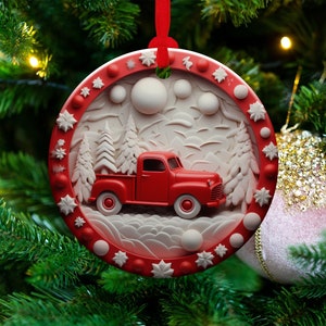 3D Red Truck Ornament Sublimation PNG, Red & White, Instant Digital Download, Christmas Round Ornament PNG, 3D Christmas Country Ornament