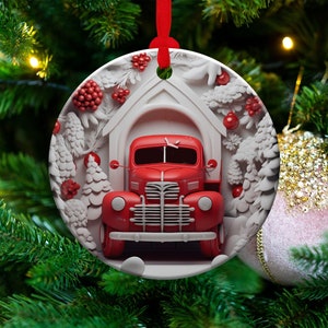 3D Red Truck Ornament Sublimation PNG, Red & White, Instant Digital Download, Christmas Round Ornament PNG, 3D Christmas Country Ornament