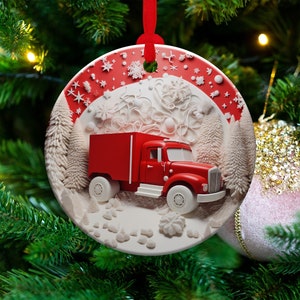 3D Red Truck Ornament Sublimation PNG, Red & White, Instant Digital Download, Christmas Round Ornament PNG, 3D Christmas Country Ornament