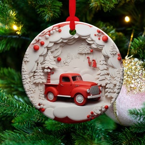 3D Red Truck Ornament Sublimation PNG, Red & White, Instant Digital Download, Christmas Round Ornament PNG, 3D Christmas Country Ornament