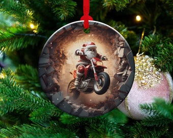 3D Round Christmas Ornament, Break Through Ornament Sublimation Design PNG, High Resolution, Instant Digital Download, Motorcycle Santa
